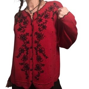 Vtg Carolyn Taylor Beaded Cardigan Sz M Ramie Cotton Red Classic Retro 90's